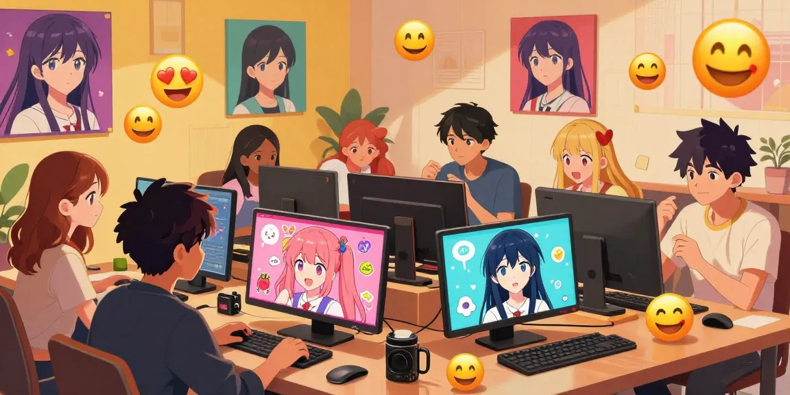 Engaging anime characters in lively hentai chat conversation, colorful digital art backdrop.