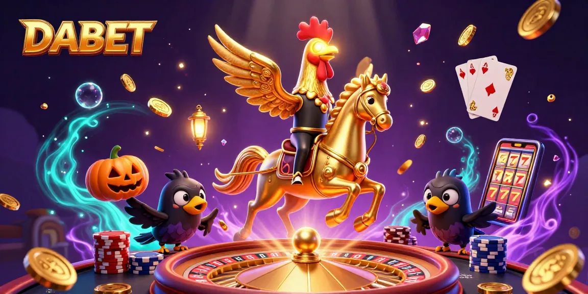 DABET casino scene showcasing golden rooster and spectral horse amid flying coins and cards