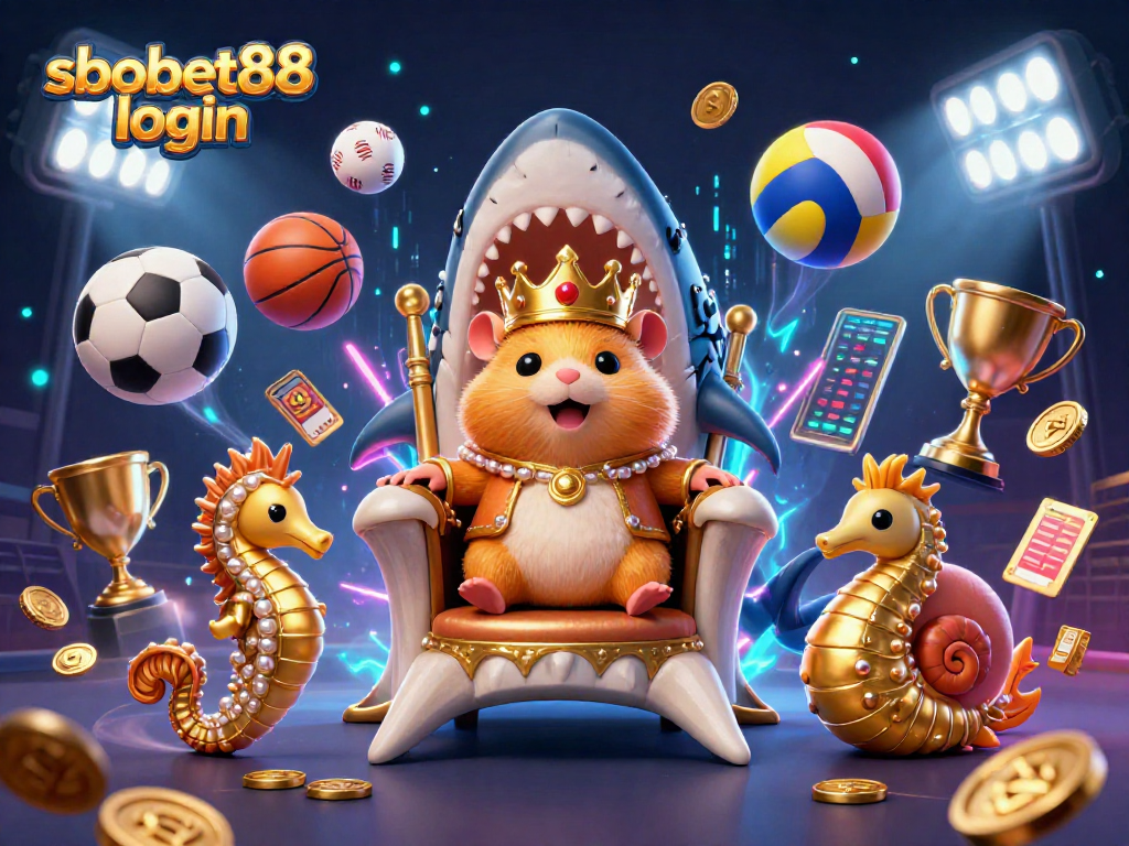 Enhance your betting experience with sbobet88 login featuring a golden hamster king surrounded by sports elements.