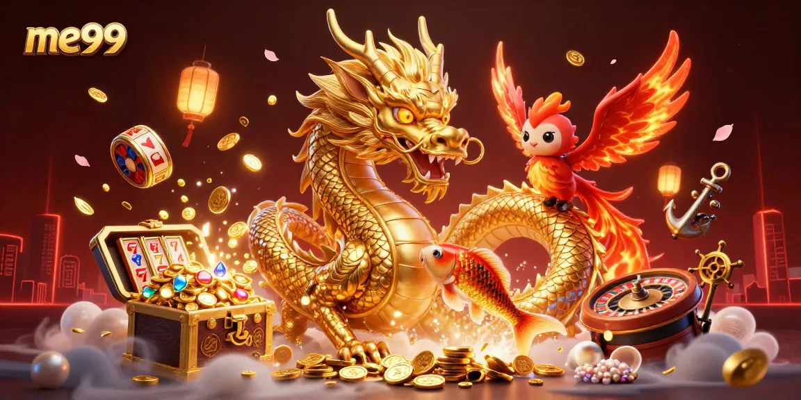 Experience thrilling gameplay at me99, showcasing a fierce golden dragon, phoenix, and lucky koi fish among casino elements.