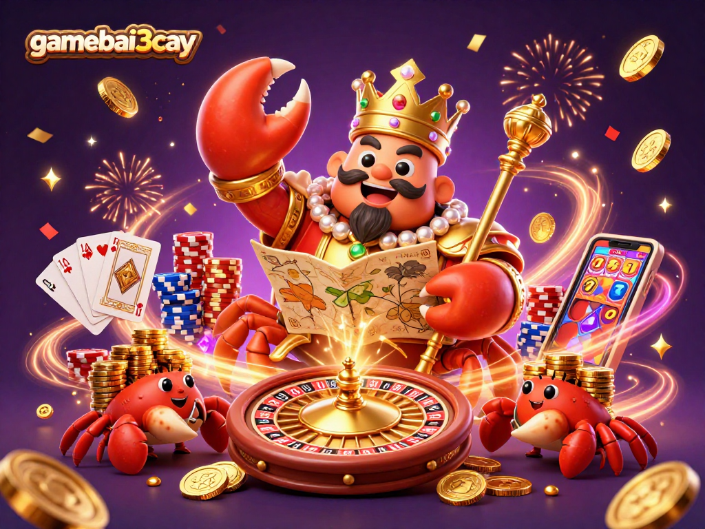 Engage in thrilling gameplay at gamebai3cay, featuring a vibrant casino scene with a golden crab emperor and dynamic game elements.