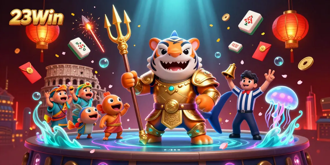 Experience the vibrant excitement of 23Win's underwater casino with a dazzling golden gladiator shark and festive gambling elements.
