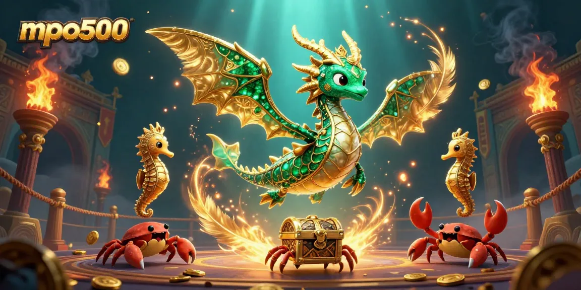 Experience mpo500's gaming thrills with a majestic sea dragon guarding treasures and dynamic casino elements.