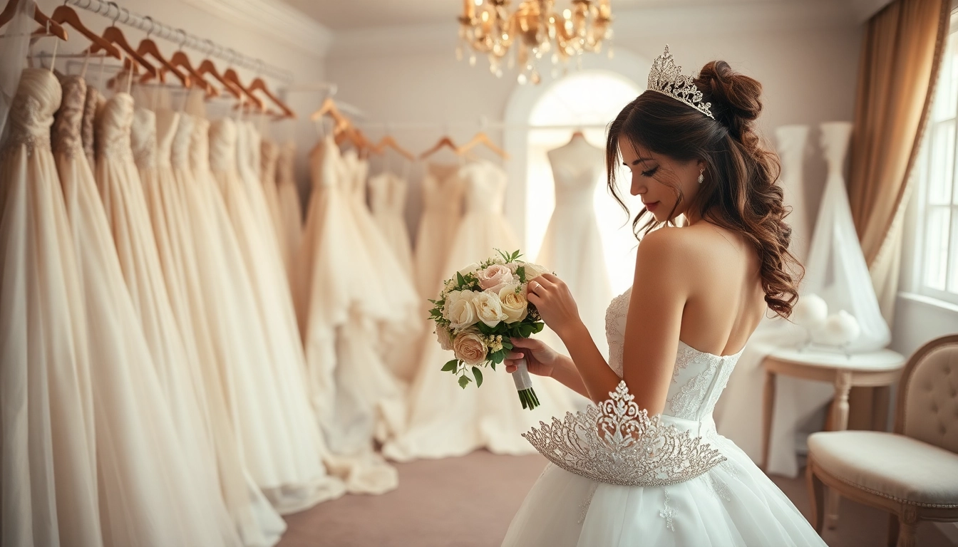 Bridal styling in an elegant setting with a stylist arranging a bouquet and tiara.
