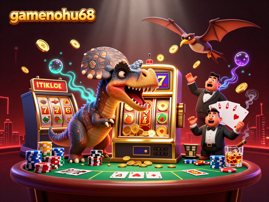 gamenohu68 showcases a vibrant 3D scene with a pachycephalosaurus hitting a slot machine for jackpot coins.
