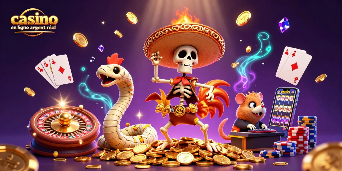 Des personnages festifs illustrant un casino en ligne argent réel, avec des jeux et des récompenses en action.
