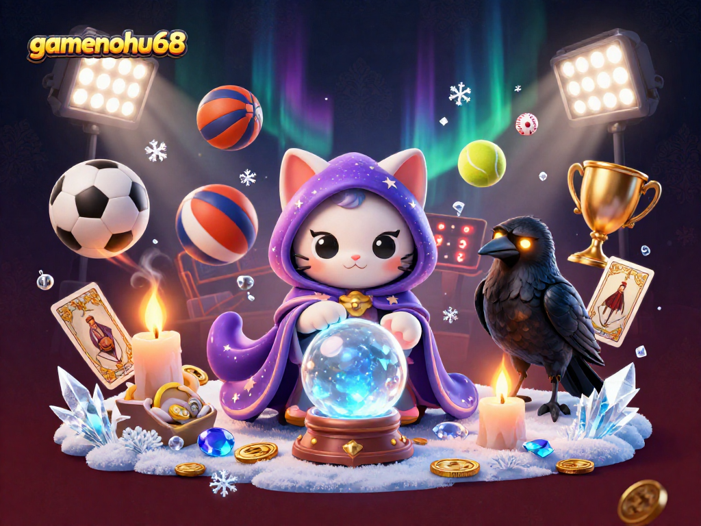 Get ready to win big with gamenohu68, showcasing a mystical cat, glowing raven, and dynamic sports elements!