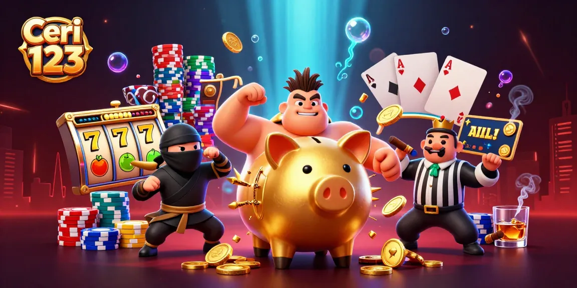 Ceri 123 features a golden piggy bank sumo wrestler amidst a jackpot scene of slot reels and riches.