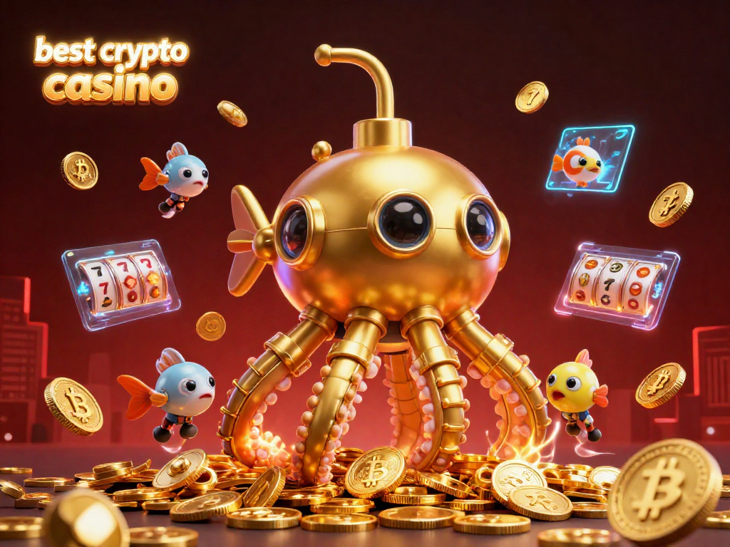 Jouez au meilleur casino crypto avec le kraken doré et des pièces de crypto-monnaie flottantes dans un océan de pièces d'or.