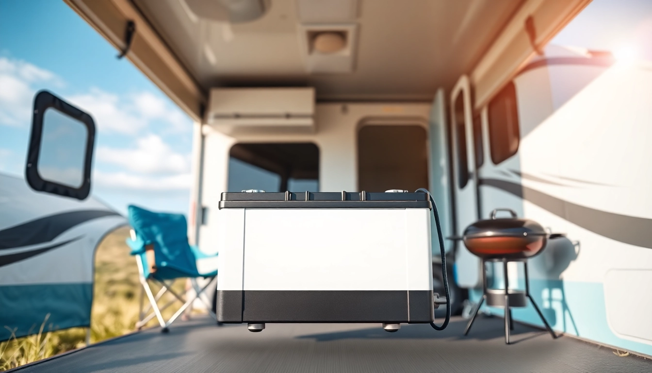 Showcase of lithium RV batteries installation in a modern camper setting with vibrant outdoor elements.