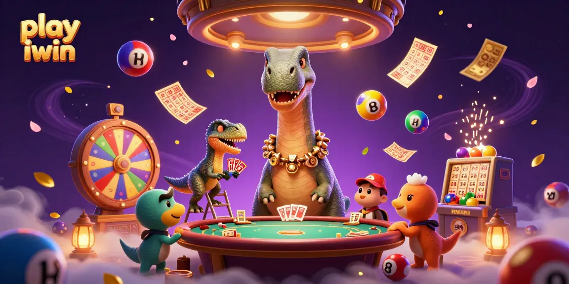Engage in play iwin action with a vibrant casino scene featuring a giant brontosaurus and exciting game elements.