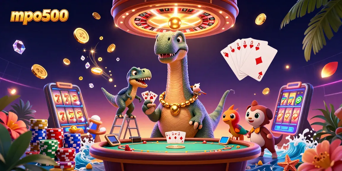 Experience excitement at mpo500 as a giant brontosaurus oversees a thrilling casino scene.