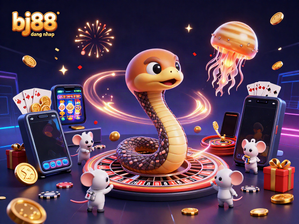 Engage in exciting wagers at bj88 dang nhap as astronaut mice place bets on a cosmic roulette wheel, highlighted by vibrant game elements.