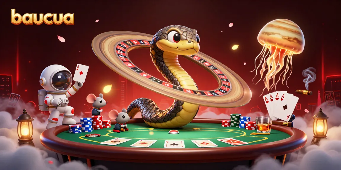 Baucua game scene features thrilling betting by astronaut mice, cosmic dealer, and vivid casino elements.