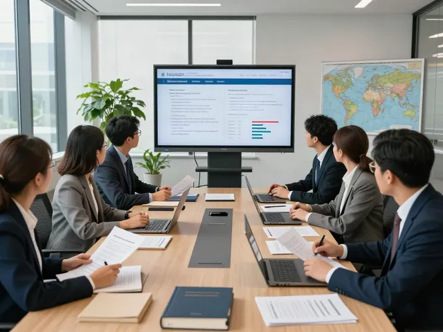 Lead Roedl team of legal experts collaborating in a modern office setting, reviewing international business cases.