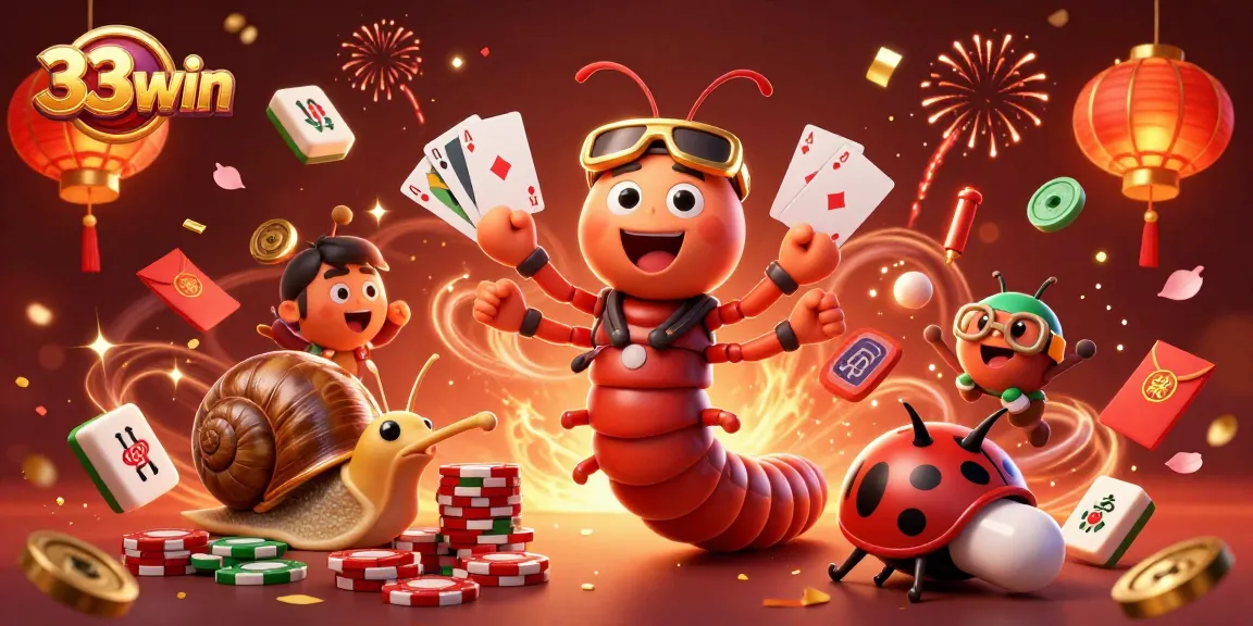 Experience vibrant gameplay at 33win with a dynamic scene featuring a cartoon millipede dealer and a snail high-roller.