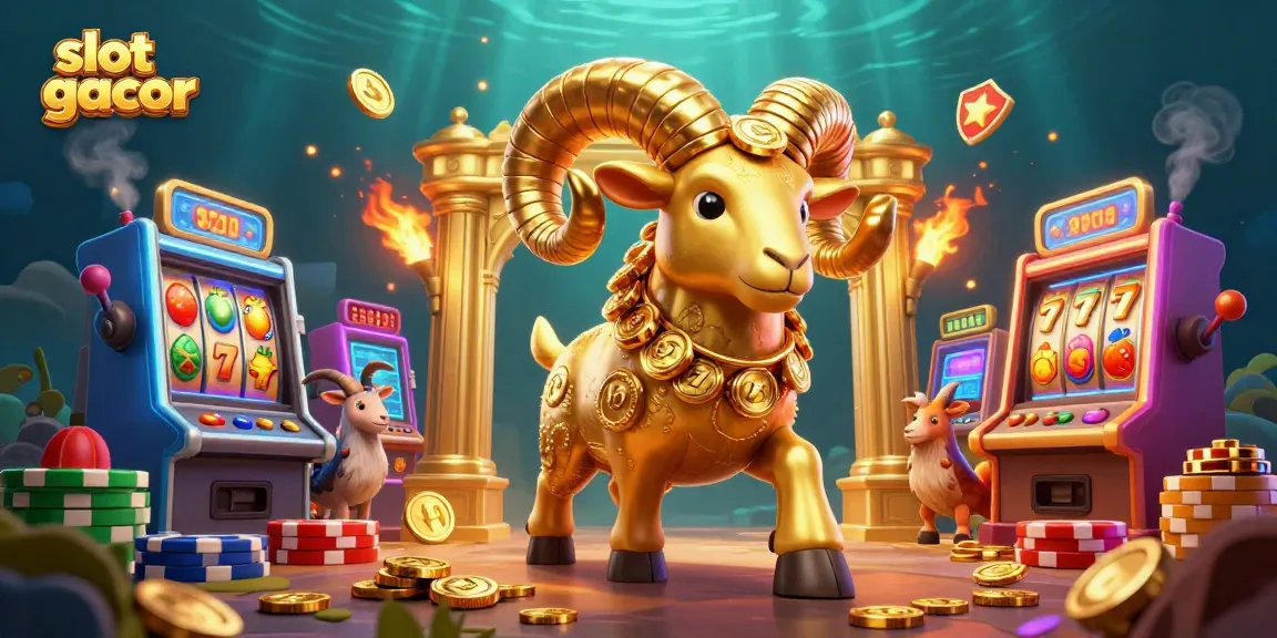 Engage with slot gacor delight as the golden ram charges amidst vibrant slot machines and glowing coins.
