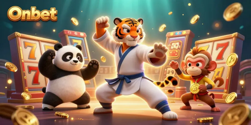 Experience exciting jackpots at Onbet with a kung fu tiger master and friends amidst golden coins and slot machines.