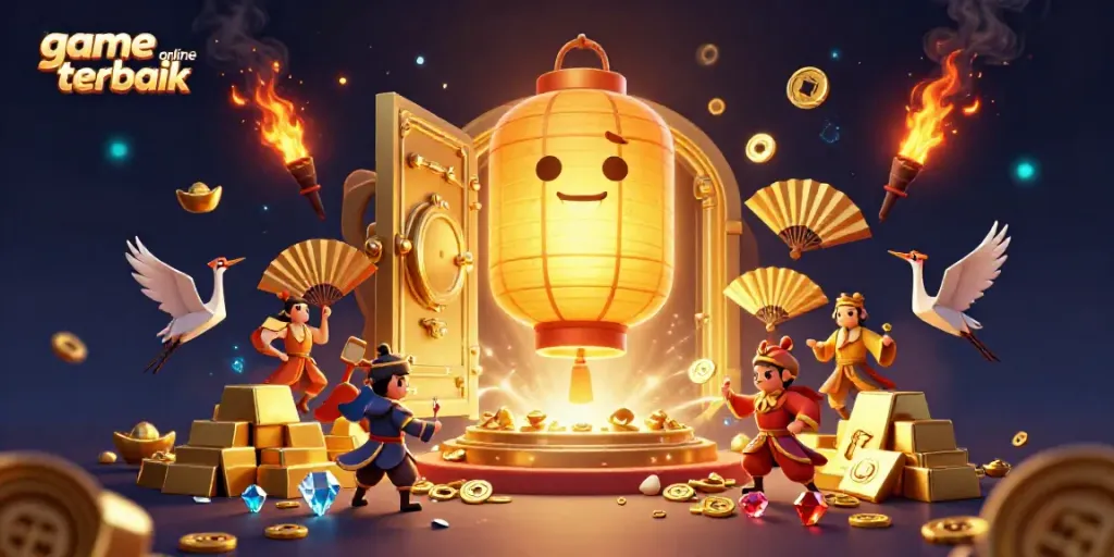 Experience thrilling adventures with game online terbaik amidst a vibrant casino atmosphere filled with golden treasures and lucky symbols.