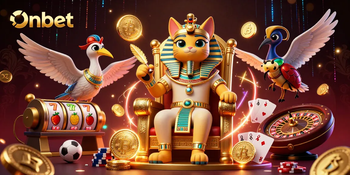 Engage with Onbet's vibrant casino universe featuring thrilling game elements like slot reels and poker tables.