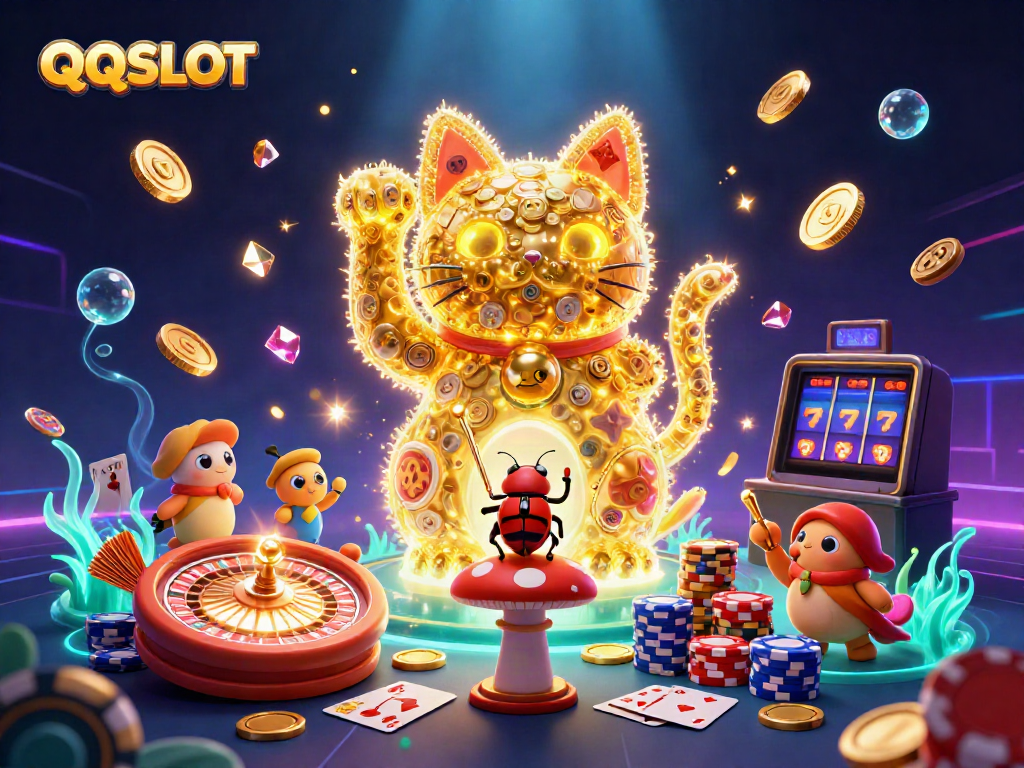 Experience QQSLOT with a dynamic display of vibrant casino symbols and characters.