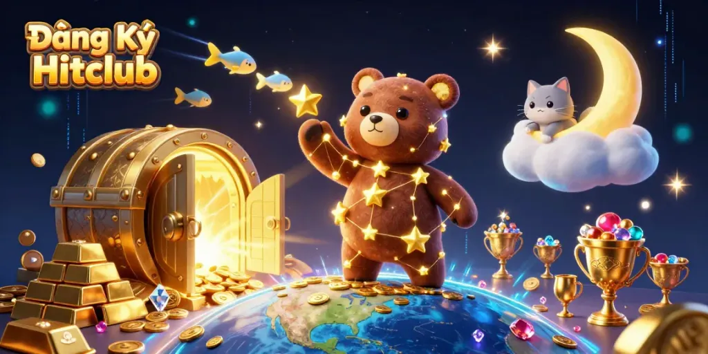 Experience the thrill of Đăng Ký Hitclub as golden treasures and characters come alive in a vivid casino-themed scene.