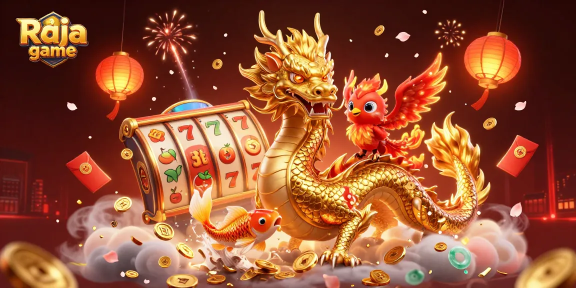 Engage with exciting Raja game slots featuring a fierce dragon, phoenix, and koi fish among dazzling elements.