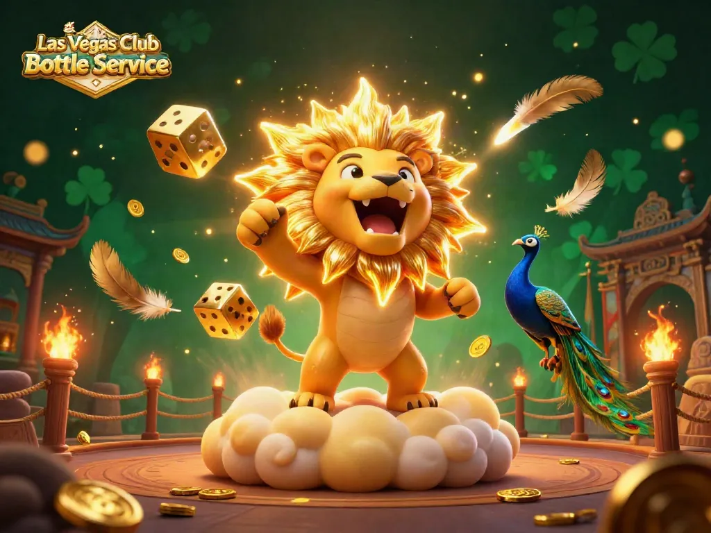 Experience Las Vegas Club Bottle Service with a vibrant 3D illustration featuring a roaring sun lion and exciting casino elements.
