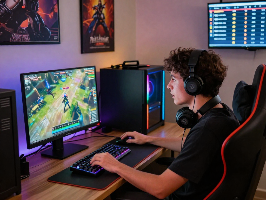 Bola88 online gaming setup with a player immersed in vibrant graphics and high-quality peripherals.