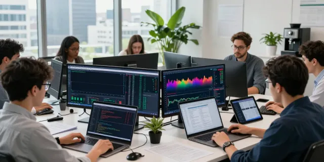 Traders engaged in collaborative analysis using MetaTrader 5 in a modern workspace.