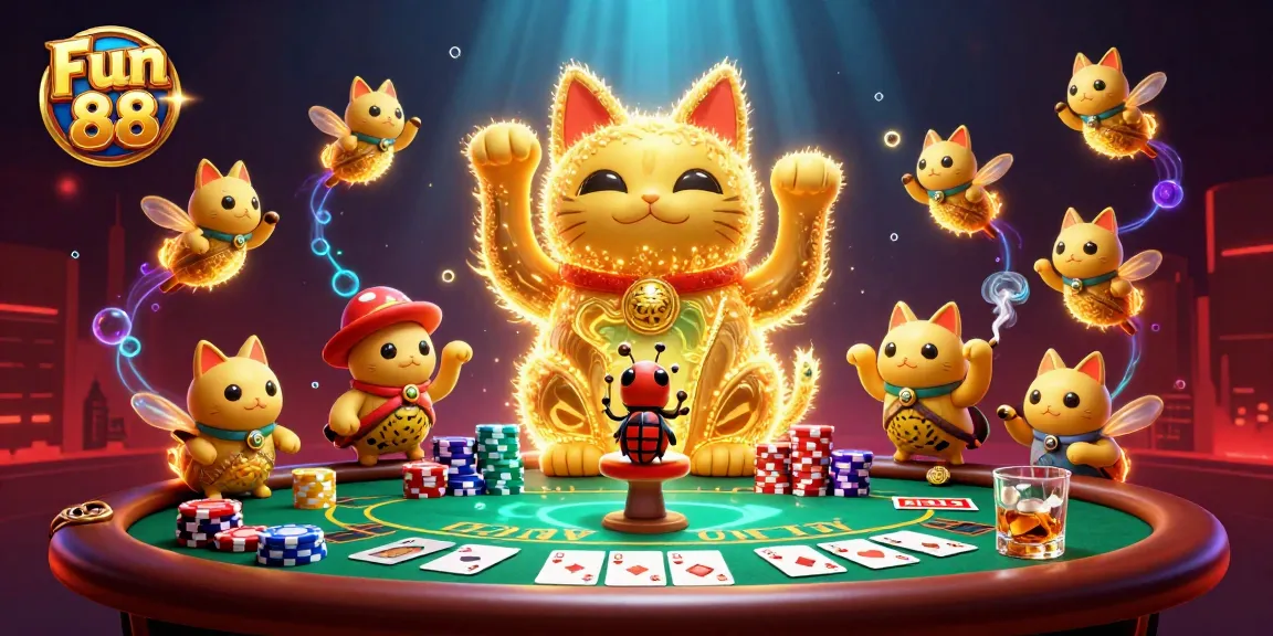 Engage with Fun 88’s dynamic gaming scene filled with vibrant casino elements and a giant lucky cat.