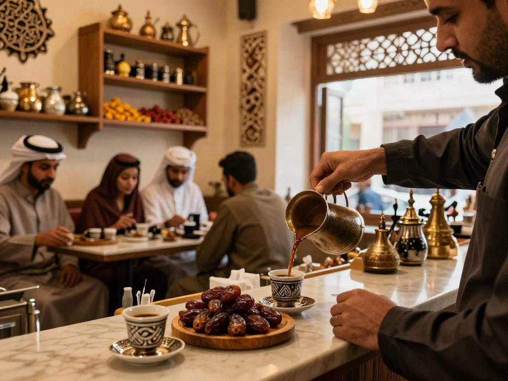 مشهد لقھوجي وصبابین بالریاض حيث يقدم القهوة العربية التقليدية مع التواريخ.