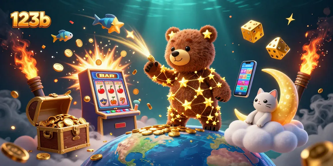 Engage with the thrilling 123b casino world featuring vibrant characters, slot machines, and coins.