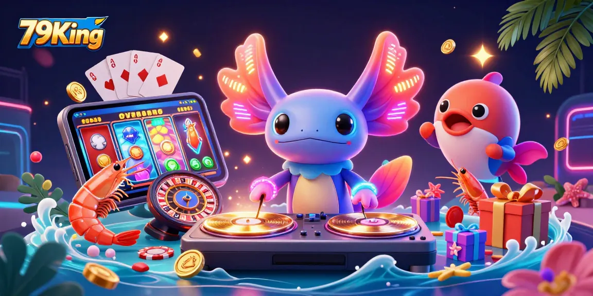 Experience the thrill of 79King with a vibrant 3D casino party featuring a neon axolotl DJ.