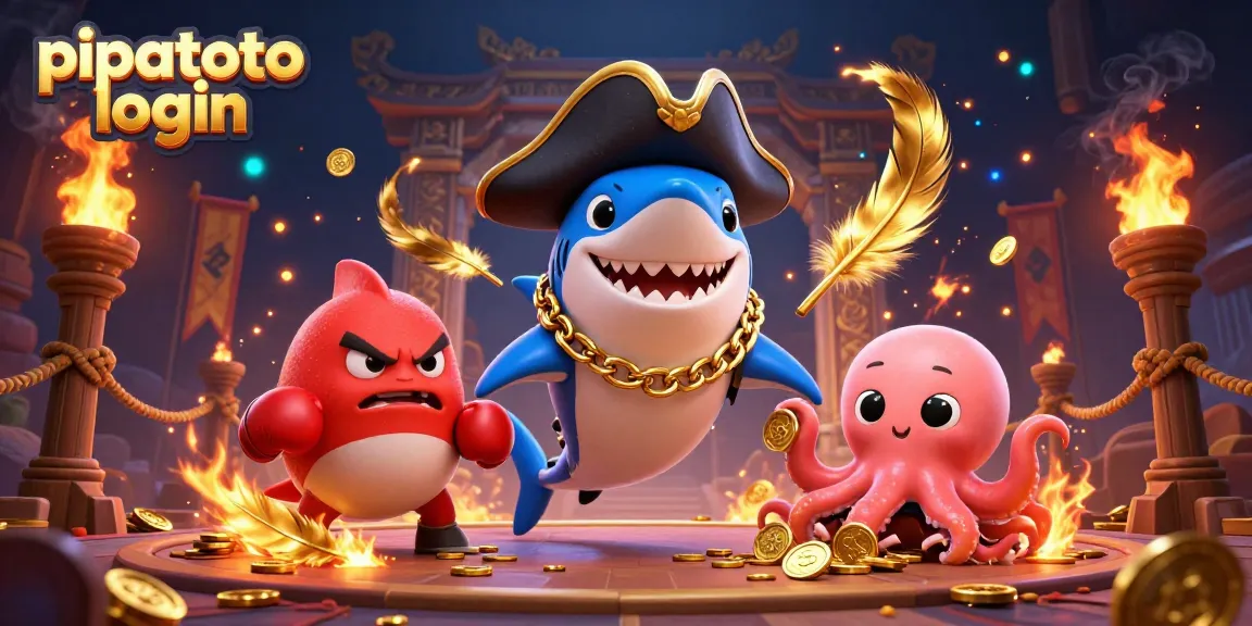 Pipatoto login animation features a pirate shark, boxing pufferfish, and gold-holding octopus in a vibrant casino scene.