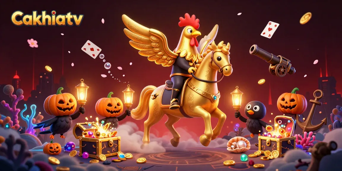 Cakhiatv showcases a vibrant, dynamic casino scene with a golden rooster, enhancing the online gaming experience