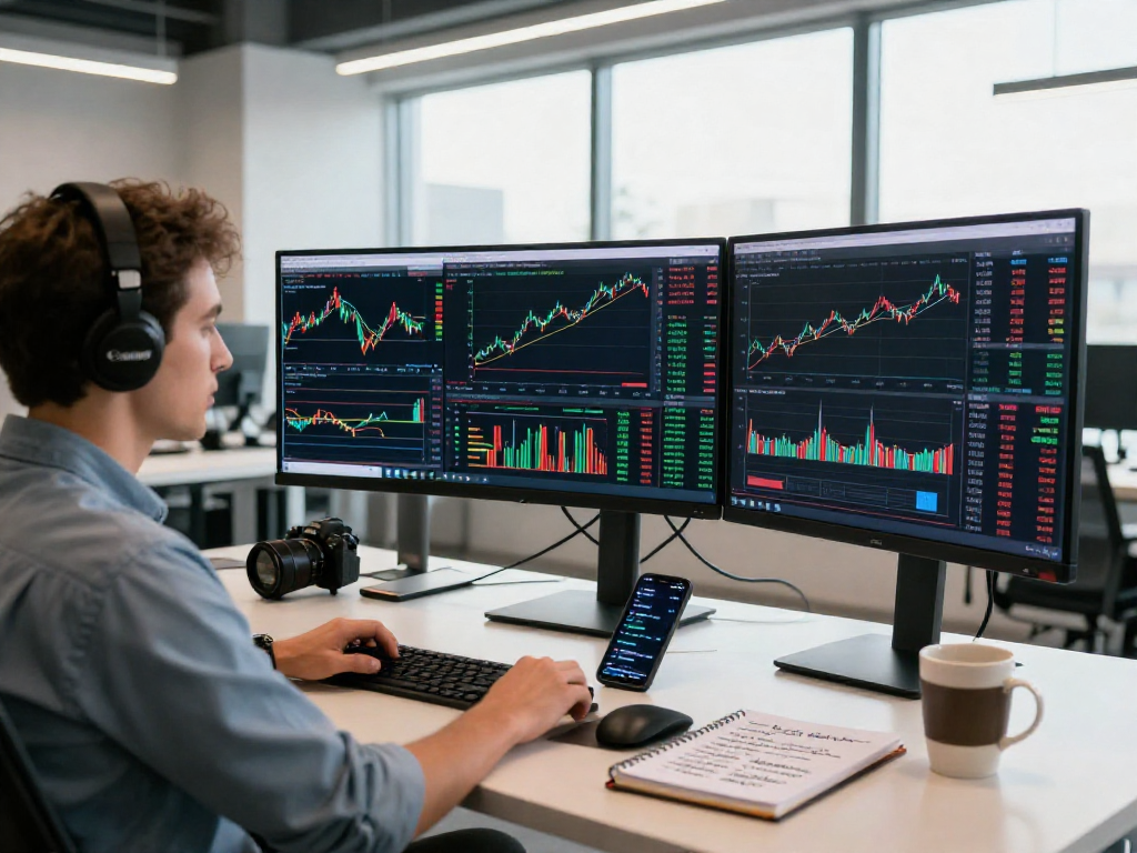 TradingView 实时行情分析交易者在现代办公桌前，显示屏展示多资产市场数据。