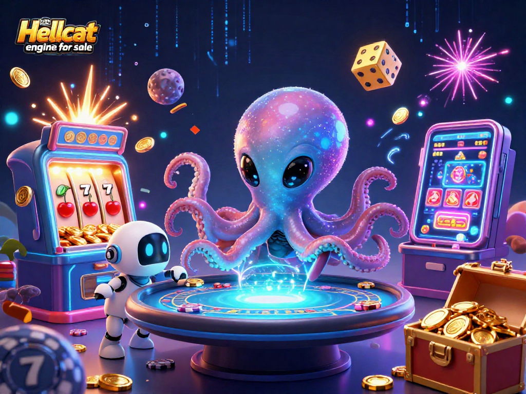 Catch your fortune with the Used hellcat engine for sale, where alien octopus plays on a holographic poker table amidst casino chaos.