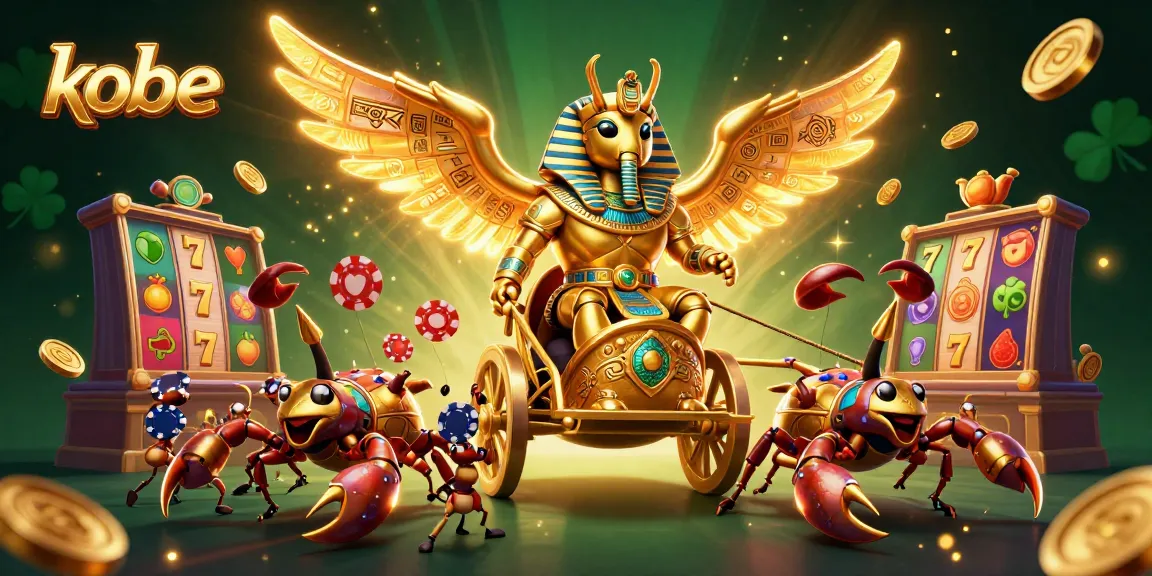 Kobe-themed vibrant casino scene featuring a colossal scarab beetle, slot reels, and glowing visuals.