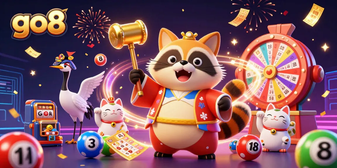 Engage with go8's thrilling games featuring a cheerful tanuki, lucky symbols, and vibrant gambling elements.