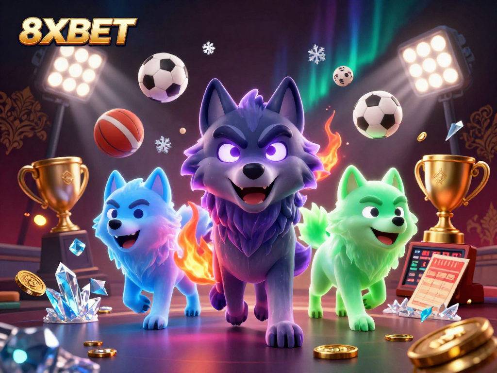 Experience thrilling sports betting and casino action with 8XBET's vibrant 3D illustration.
