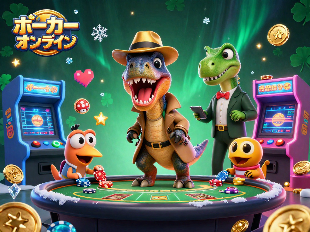 ポーカーオンライン稼ぐをテーマにした動的な場面で、恐竜たちがカジノで楽しんでいる様子を描写しています。