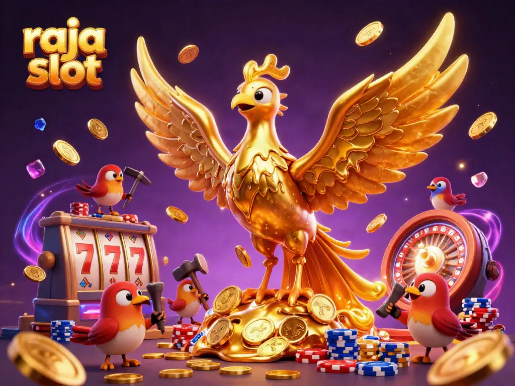 Bermain raja slot dengan simbol keberuntungan dan koin emas mengalir dalam ilustrasi 3D yang menakjubkan.