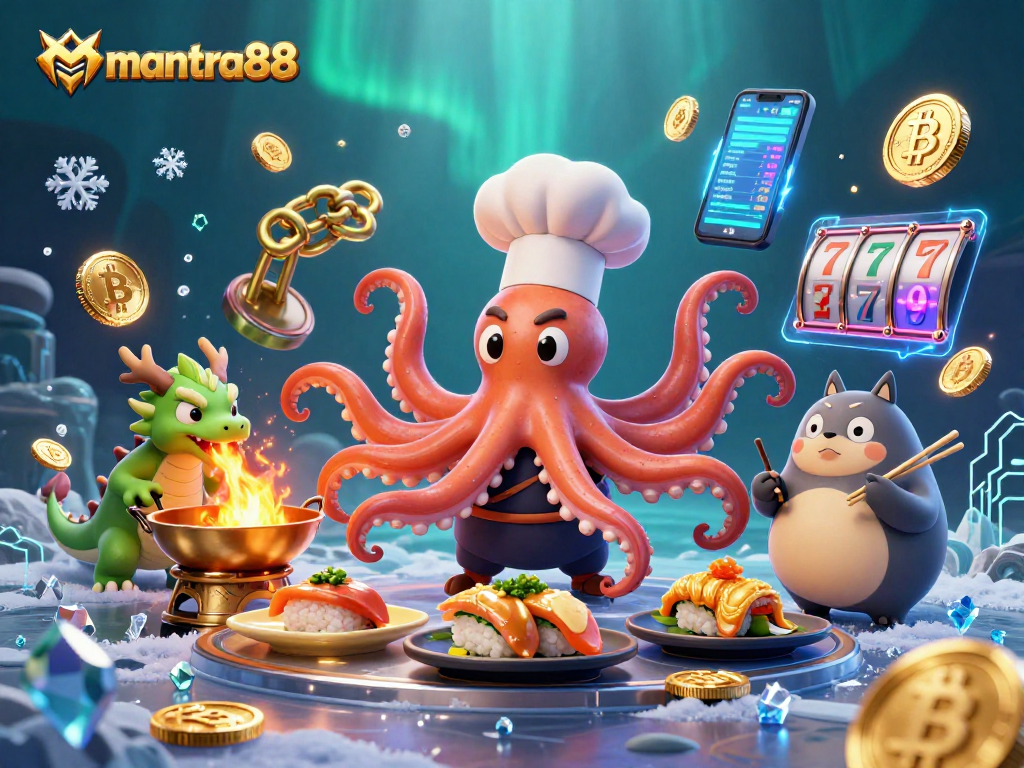 Engage in thrilling gameplay with mantra88's vibrant 3D cartoon illustration featuring unique characters and slot elements.