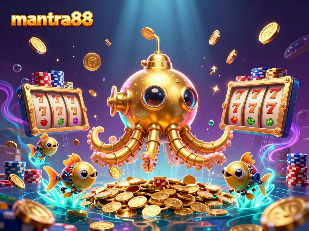 Experience thrilling gameplay at mantra88 with a dynamic golden kraken submarine and slot machine reels!