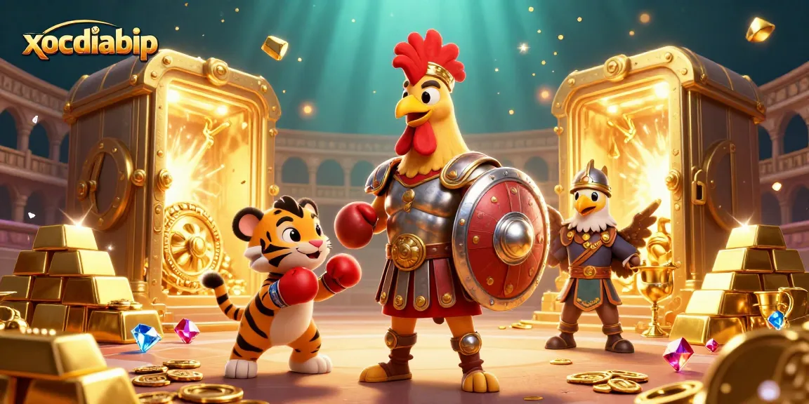 xocdiabip draws players to a vibrant 3D digital casino scene featuring a gladiator rooster and sparkling treasures.