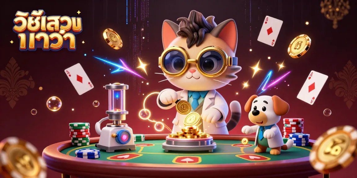 Experience วิธีเล่นบาคาร่า in an exciting 3D digital scene with animated poker elements and characters.