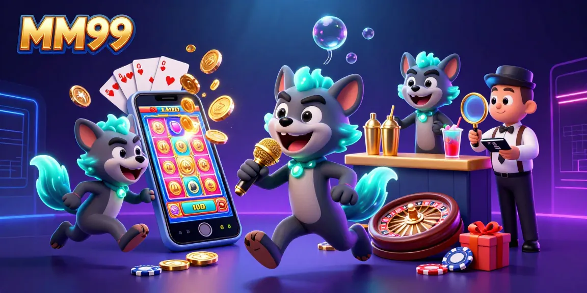Engage with MM99 casino's vibrant comedy scene featuring hyenas, slots, and golden coins.